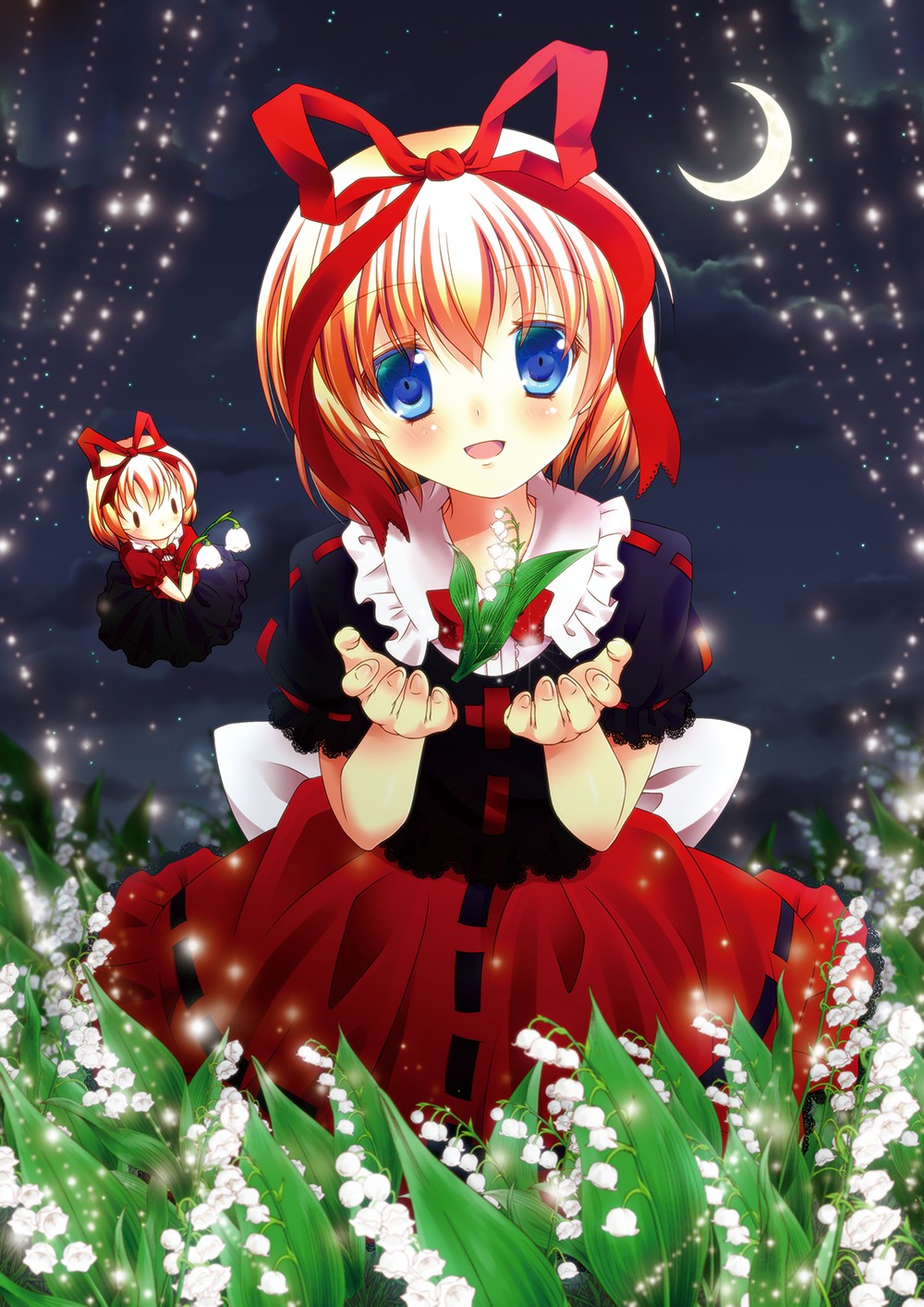 1girl arms_up blonde_hair blouse blue_eyes chisamikan crescent_moon flower flying hair_ribbon head_tilt highres lily_of_the_valley looking_at_viewer medicine_melancholy moon night night_sky open_hands open_mouth outdoors ribbon short_hair skirt sky solo su-san touhou