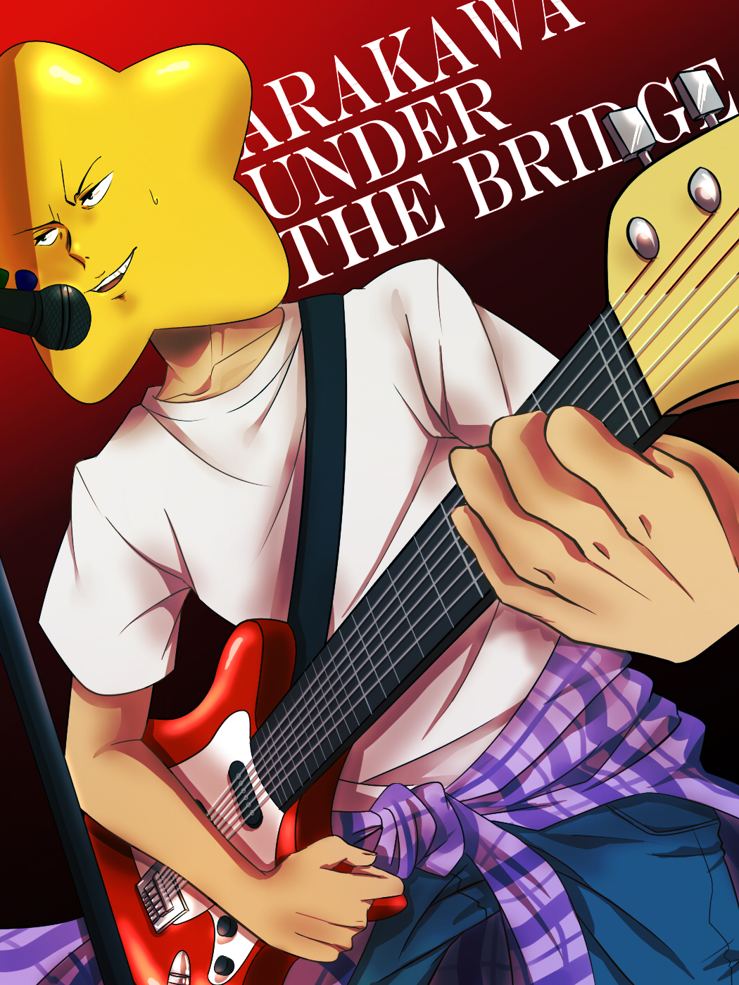 1boy arakawa_under_the_bridge clothes_around_waist dutch_angle electric_guitar guitar highres hoshi_(arakawa) instrument male microphone microphone_stand plaid plaid_shirt plectrum shirt_around_waist solo sonjousyou star strap sweatdrop t-shirt