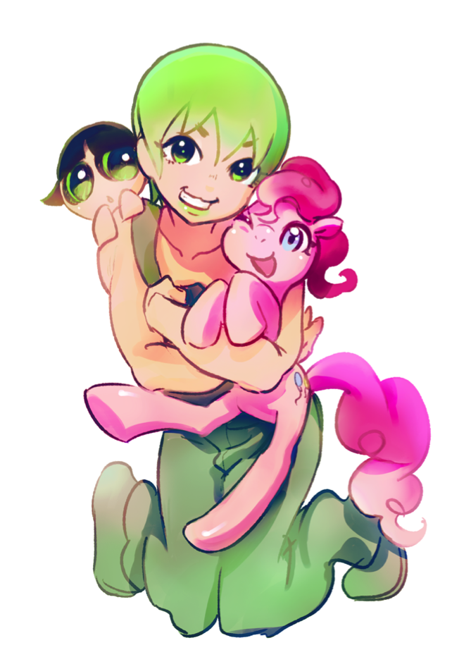 1girl 2girls :3 animal_hug black_hair buttercup_(ppg) crossover foo_fighters green_eyes green_hair jojo_no_kimyou_na_bouken luncheon_meat_umai multiple_crossover multiple_girls my_little_pony my_little_pony_friendship_is_magic overalls pinkie_pie pony powerpuff_girls short_hair