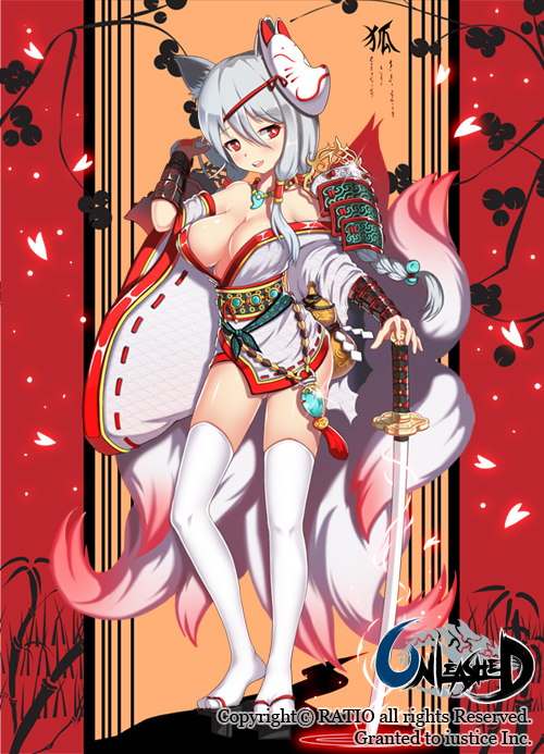 1girl animal_ears bamboo blush bracer braid breasts cleavage contrapposto fox_ears fox_mask fox_tail geta gourd hair_bobbles hair_ornament hair_tubes japanese_clothes jewelry katana kimono kyuubi long_hair magatama mask multiple_tails necklace off_shoulder pauldrons petals ratio_(ratio-d) short_kimono silver_hair solo sword tail thighhighs unleashed weapon white_legwear wide_sleeves