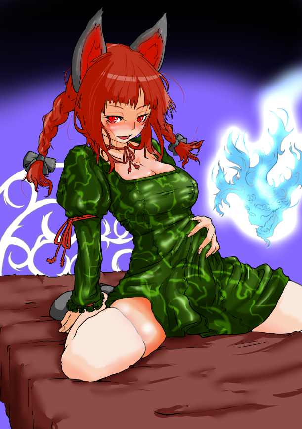 1girl animal_ears arm_ribbon bed bed_frame braid breasts cat_ears cleavage dress fingernails flaming_skull floating_skull green_dress hand_on_stomach juliet_sleeves kaenbyou_rin long_sleeves mersoleil03 naughty_face neck_ribbon puffy_sleeves red_eyes redhead ribbon sitting sitting_on_bed solo thighhighs touhou