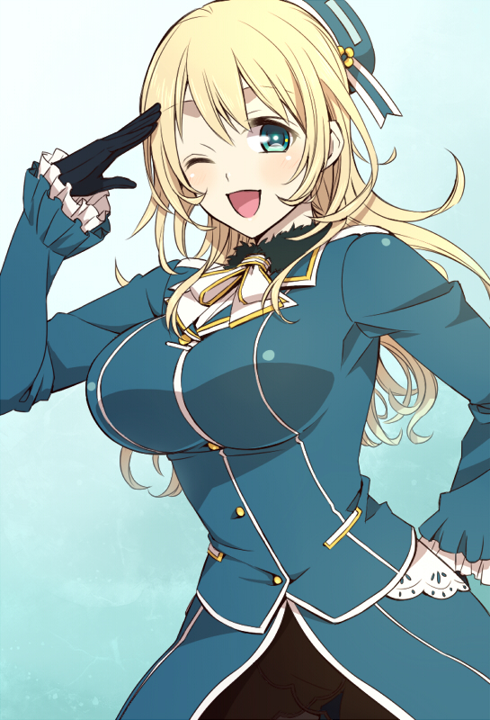 1girl atago_(kantai_collection) black_gloves blonde_hair breasts gloves gradient gradient_background green_eyes hand_on_hip hat kantai_collection large_breasts long_hair looking_at_viewer military military_uniform open_mouth personification potato_(oriha94) solo uniform wink