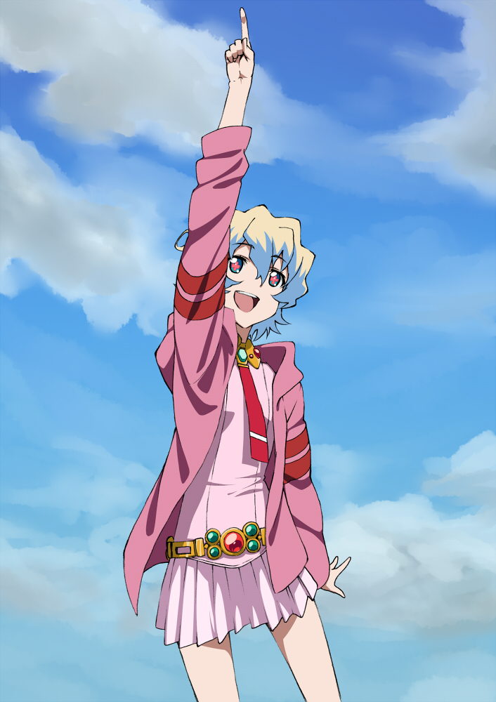 +_+ 1girl blue_sky clouds hoodie iyakun kamina_pose multicolored_hair nia_teppelin pointing pointing_up short_hair skirt sky smile solo symbol-shaped_pupils tengen_toppa_gurren_lagann two-tone_hair young