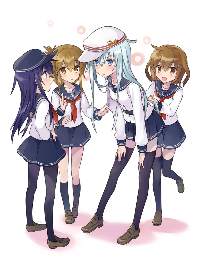 4girls :d akatsuki_(kantai_collection) black_eyes black_hair black_legwear blue_eyes brown_eyes brown_hair fang hair_grab hair_ornament hairclip hammer_and_sickle hand_on_hip hands_on_thighs hat hibiki_(kantai_collection) ikazuchi_(kantai_collection) inazuma_(kantai_collection) index_finger_raised kantai_collection kneehighs leaning_forward loafers long_hair multiple_girls ninomoto open_mouth pantyhose parted_lips personification pleated_skirt school_uniform serafuku shoes skirt sleeve_tug smile standing standing_on_one_leg star thigh-highs verniy_(kantai_collection) white_hair