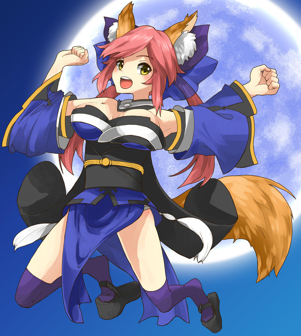 1girl animal_ears bare_shoulders bow breasts caster_(fate/extra) choker cleavage clog_sandals detached_sleeves fate/extra fate_(series) fox_ears fox_tail full_moon hair_bow hair_ribbon hogi japanese_clothes moon open_mouth pink_hair ribbon smile solo tail thighhighs twintails yellow_eyes