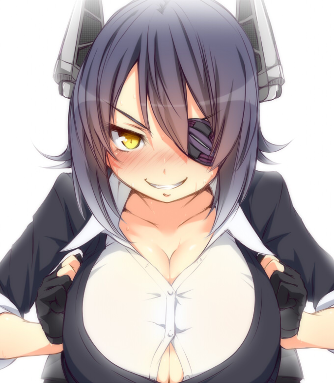 1girl black_hair blush breasts cleavage eyepatch fingerless_gloves gloves grin headgear huge_breasts kantai_collection large_breasts looking_at_viewer personification short_hair smile solo tenryuu_(kantai_collection) tori_(minamopa) yellow_eyes