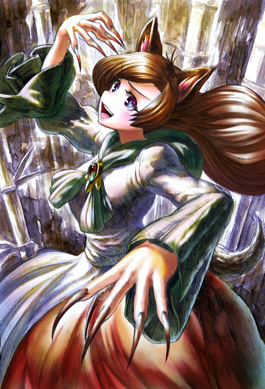 1girl animal_ears bamboo brooch brown_hair eyelashes fingernails foreshortening frilled_sleeves imaizumi_kagerou jewelry layered_dress long_fingernails long_hair looking_at_viewer open_mouth red_eyes scarf sharp_fingernails solo tail touhou tourniquet505 wolf_ears wolf_tail