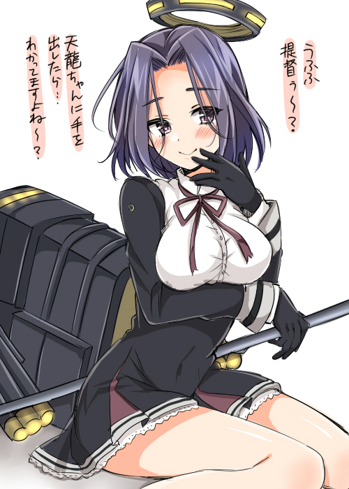 1girl bare_legs black_gloves blush breasts gloves kantai_collection large_breasts mechanical_halo personification polearm purple_hair school_uniform short_hair smile tatsuta_(kantai_collection) translation_request tsukudani_norio violet_eyes weapon
