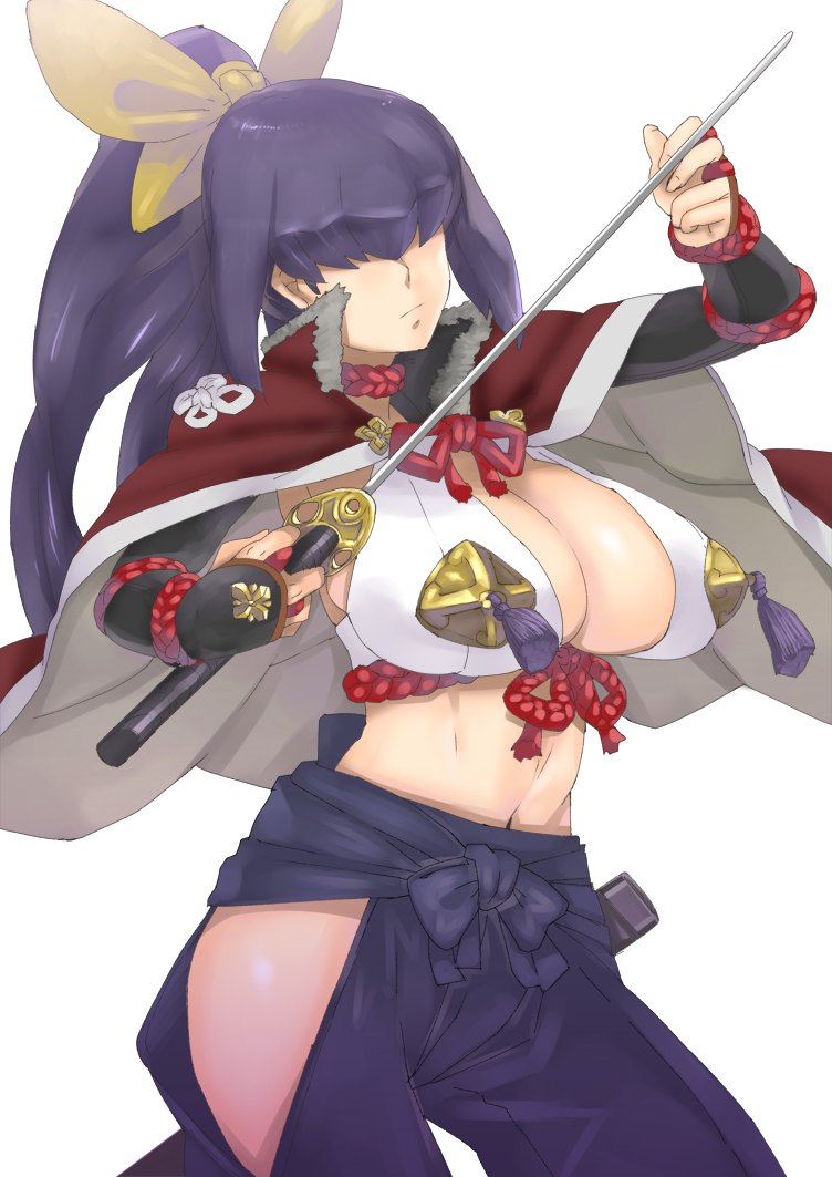 1girl breasts cape cleavage hair_over_eyes high_ponytail jack_hamster katana large_breasts navel purple_hair simple_background solo sword thighs weapon white_background