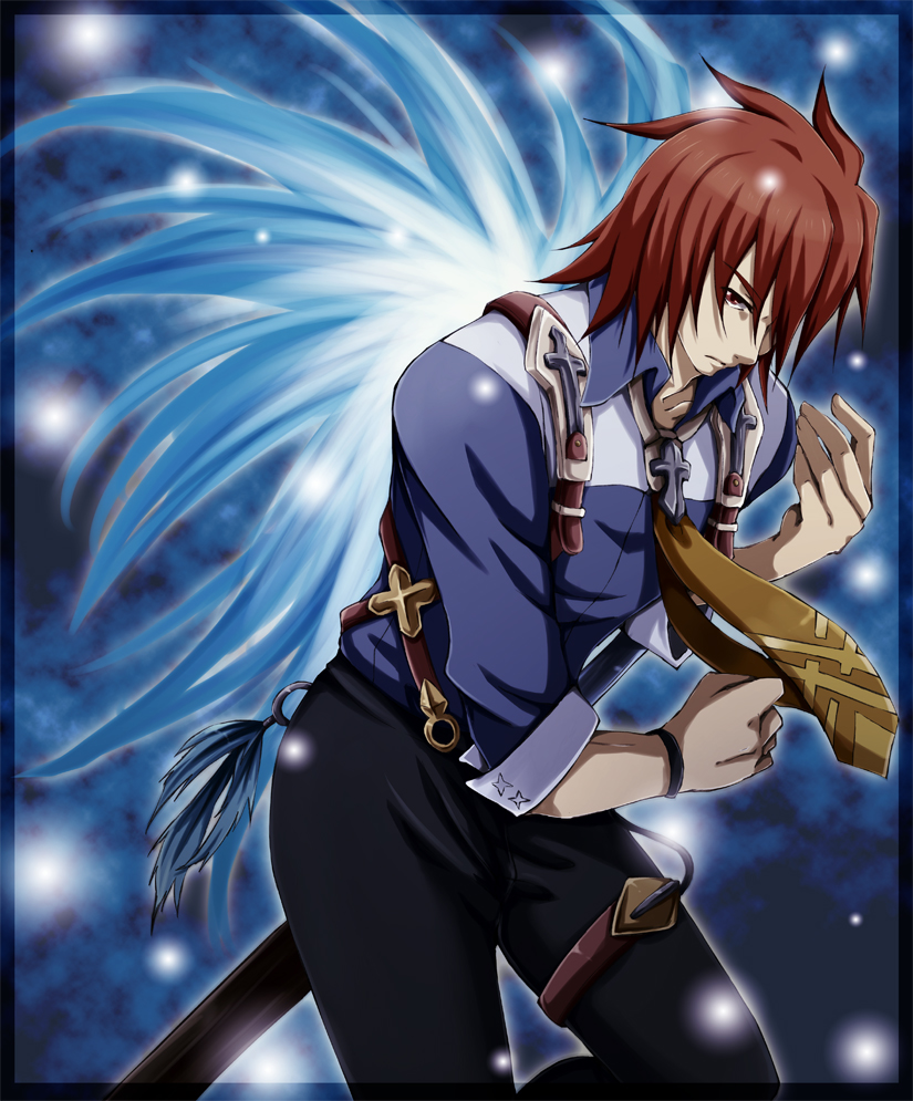 1boy blue_background cosplay kanae_riouka kratos_aurion ludger_will_kresnik ludger_will_kresnik_(cosplay) male necktie pants red_eyes redhead solo spoilers suspenders tales_of_(series) tales_of_symphonia tales_of_xillia tales_of_xillia_2 wings