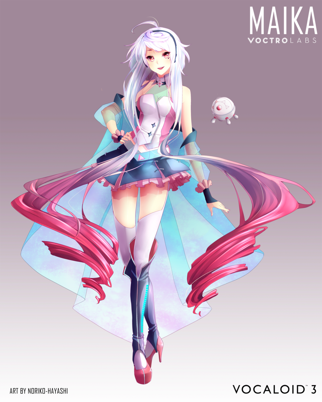 detached_collar frilled_skirt gradient_hair high_heels highres long_hair maika_(vocaloid) multicolored_hair neon_trim noririn-hayashi pink_hair play_button red_eyes robot see-through thigh-highs vocaloid white_hair zettai_ryouiki