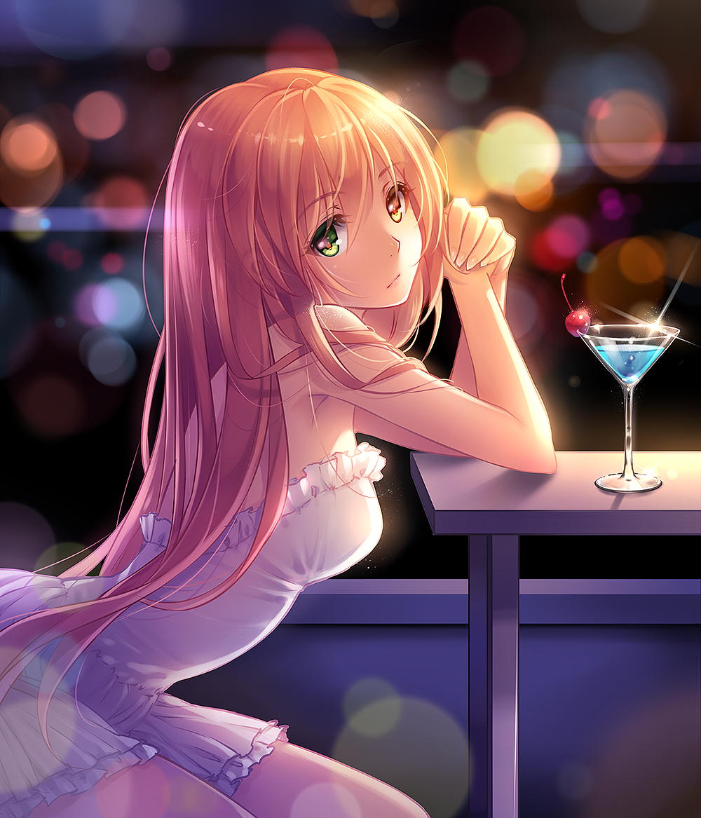1girl bare_shoulders blonde_hair cherry cocktail dress green_eyes hands_together heterochromia long_hair looking_at_viewer original red_eyes solo table tidsean white_dress