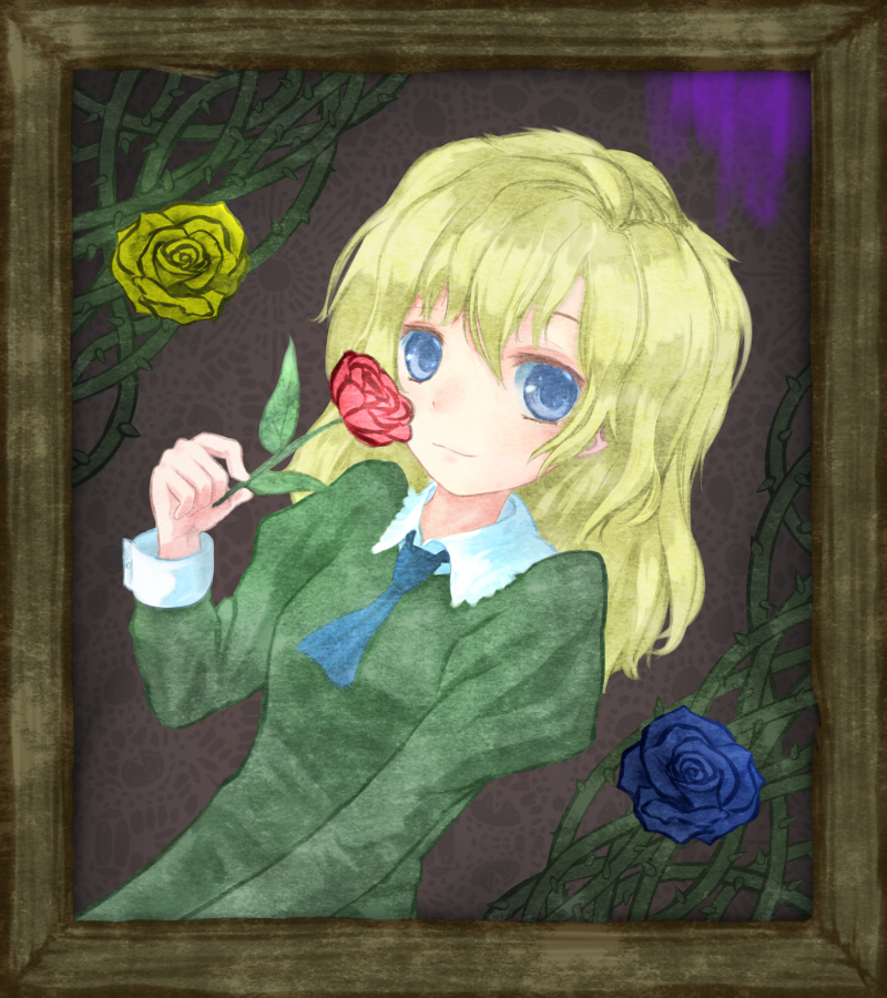 1girl blonde_hair blue_eyes blue_rose dress flower ib long_hair mary_(ib) picture_frame red_rose rose solo sorara vines yellow_rose