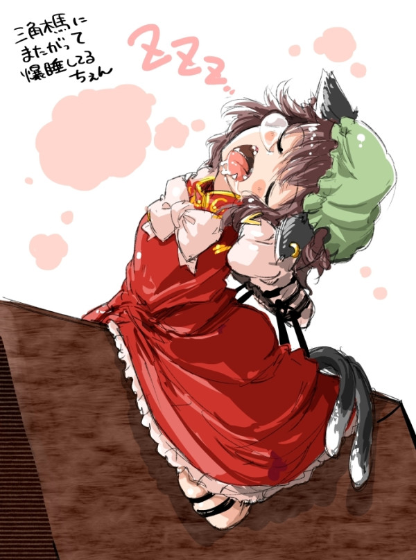 1girl animal_ears arms_behind_back bdsm blush bondage bound_arms bound_legs brown_hair bubble cat_ears cat_tail chen closed_eyes earrings fangs hat jewelry multiple_tails open_mouth saliva short_hair sleeping snot solo tail touhou translation_request wooden_horse