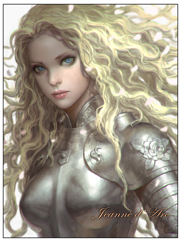 1girl armor blonde_hair blue_eyes breastplate character_name jeanne_d'arc kilart lips long_hair nose portrait real_life realistic solo wavy_hair