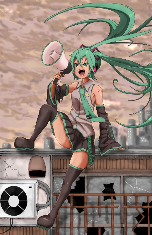 1girl boots detached_sleeves green_eyes green_hair hair_ornament hatsune_miku headphones long_hair megaphone nail_polish necktie pleated_skirt rooftop shouting sitting skirt small_breasts solo tattoo thigh_boots thighhighs twintails very_long_hair vocaloid wind_lift you_(maumauyo)