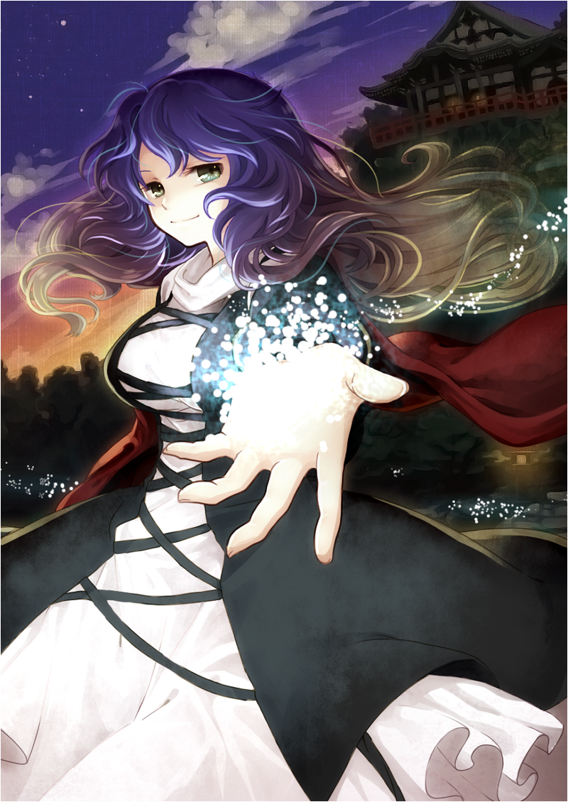 1girl black_dress breasts brown_hair cape clouds dress gradient_hair grey_eyes hijiri_byakuren large_breasts layered_dress looking_at_viewer multicolored_hair outstretched_arm outstretched_hand purple_hair sky smile socha solo sunset temple touhou white_dress