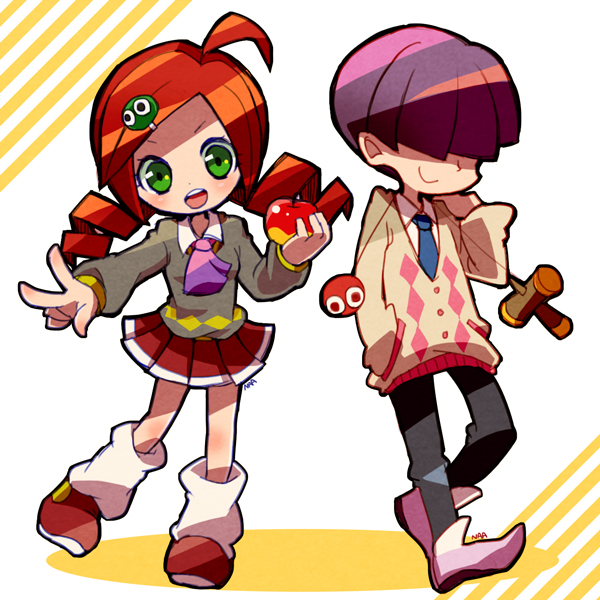 1boy 1girl ahoge andou_ringo apple drill_hair food fruit green_eyes hair_ornament hair_over_eyes hairclip kendama necktie object_namesake pants purple_hair puyo_(puyopuyo) puyopuyo puyopuyo_7 redhead sasaki_maguro school_uniform shoes short_hair skirt smile socks sunaosunao sweater twin_drills twintails v