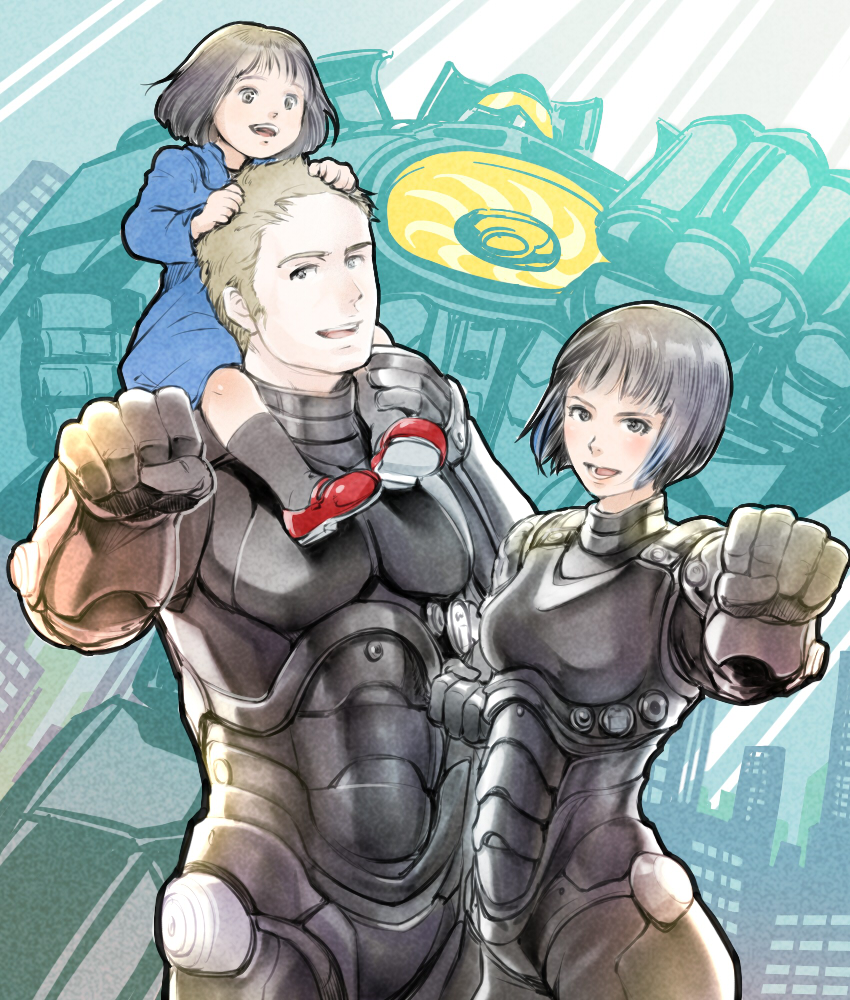 1boy 2girls age_difference armor black_eyes black_hair blue_eyes blue_hair bob_cut bodysuit brown_hair carrying clenched_hand dress drivesuit dual_persona gipsy_danger mako_mori mecha multiple_girls pacific_rim raleigh_becket shoes short_hair shoulder_carry smile socks streaked_hair super_robot