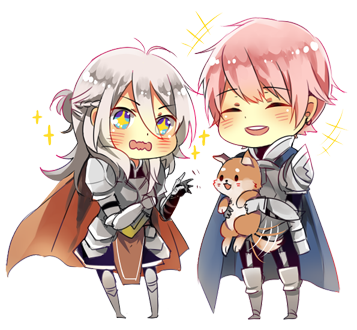 +_+ afterimage armor blue_eyes blush cape character_request chibi closed_eyes dog lowres open_mouth pigeon-toed pink_hair rhymebox simple_background smile sparkle standing tail tail_wagging wavy_mouth white_background white_hair