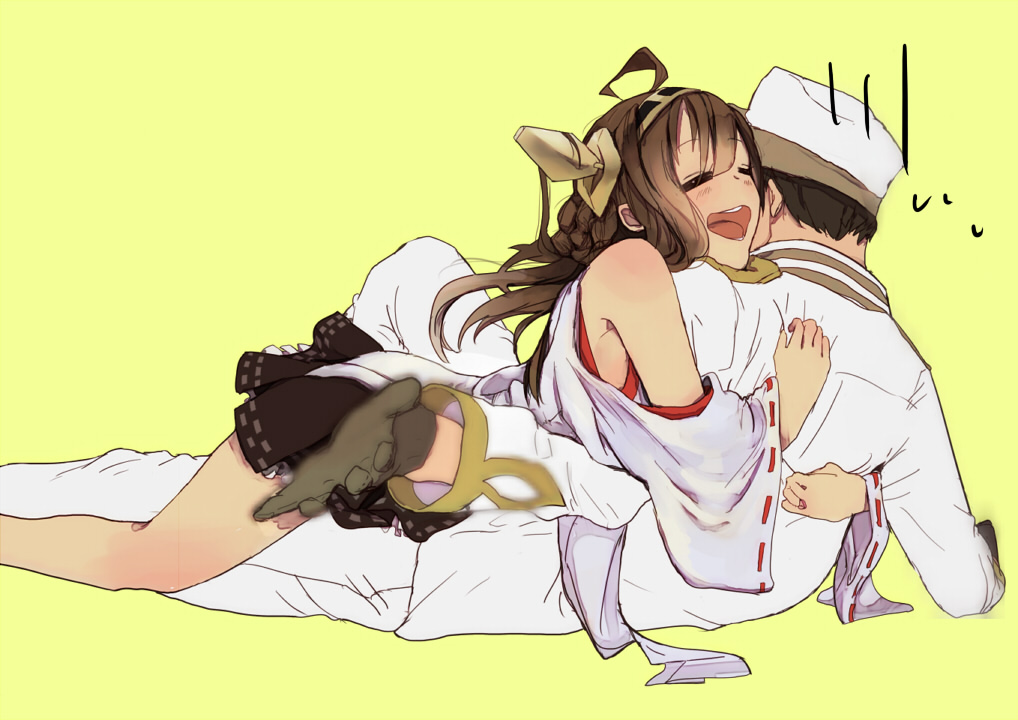 1boy 1girl admiral_(kantai_collection) bare_shoulders blush brown_hair closed_eyes detached_sleeves gloves hairband headgear hug jewelry kantai_collection kongou_(kantai_collection) long_hair military military_uniform open_mouth personification ring short_hair skirt smile thighhighs uniform wide_sleeves