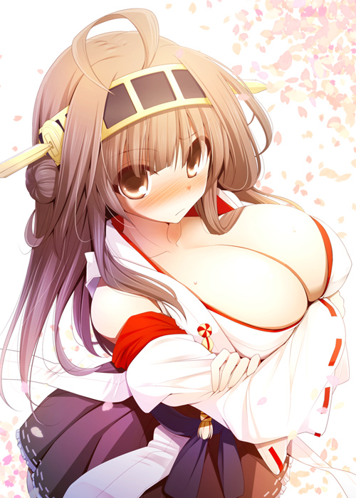 1girl ahoge bare_shoulders blush breasts brown_eyes brown_hair cleavage crossed_arms detached_sleeves hairband japanese_clothes kantai_collection kongou_(kantai_collection) kurikara large_breasts long_hair looking_at_viewer personification skirt solo