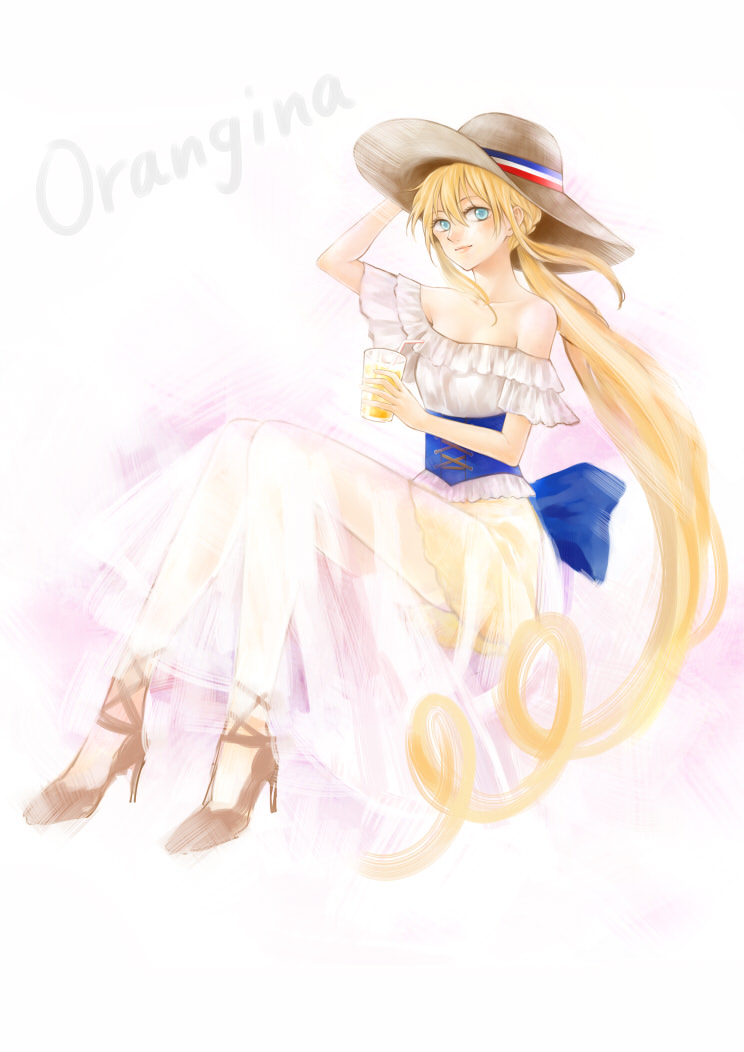 11spring 1girl bare_shoulders blonde_hair blue_eyes bow corset drink drinking_straw hat high_heels holding holding_hat long_hair long_skirt orangina personification ponytail see-through skirt solo sun_hat very_long_hair