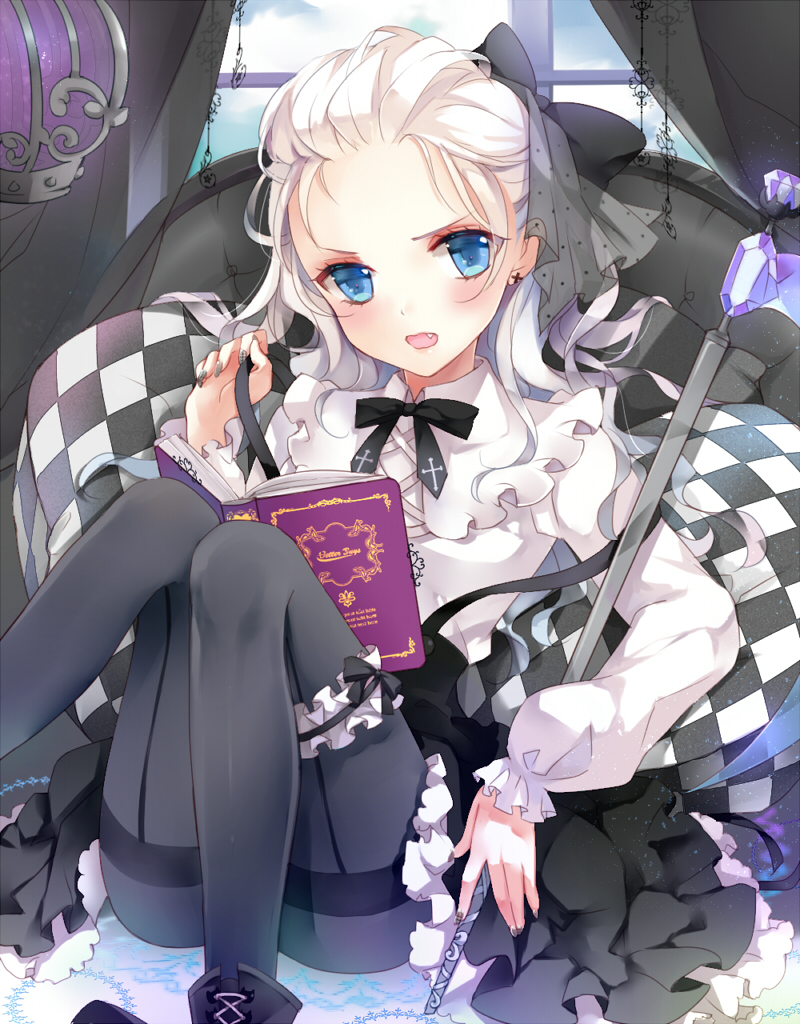 1girl black_legwear blue_eyes book bow cross-laced_footwear curtains fang hair_bow leg_ribbon long_sleeves looking_at_viewer open_mouth original pantyhose pillow shirt silver_hair skirt solo staff suspenders suspenders_pull tukino_(panna) window