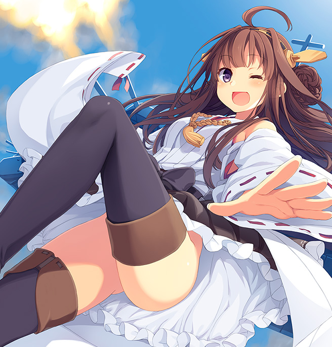 ahoge bare_shoulders blush boots brown_hair detached_sleeves hairband headgear japanese_clothes kantai_collection kongou_(kantai_collection) long_hair looking_at_viewer open_mouth personification skirt smile thigh_boots thighhighs violet_eyes wide_sleeves yashiro_seika