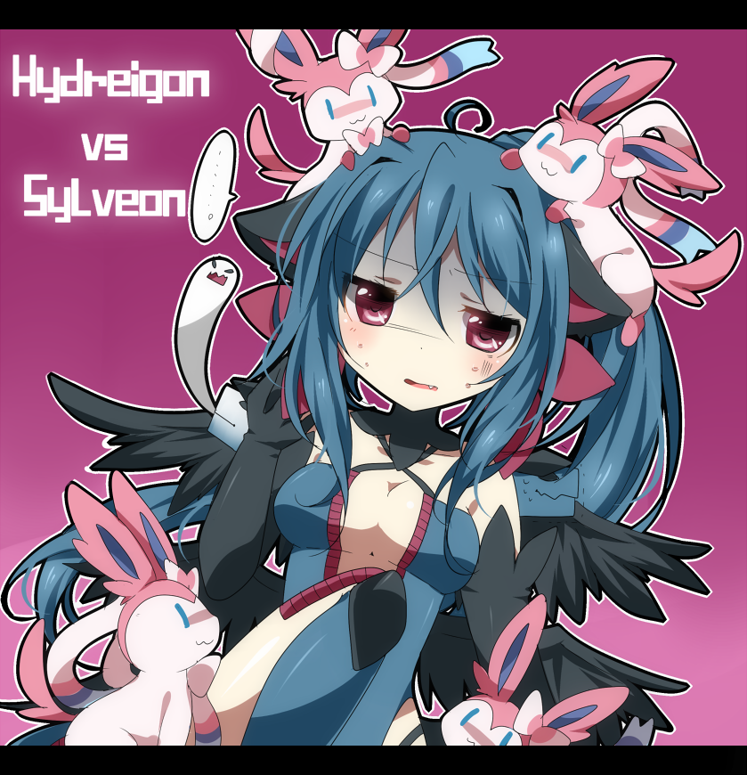 ... 1girl black_gloves blue_hair breasts cleavage clone elbow_gloves ghost giving_up_the_ghost gloves hydreigon kawaguchi long_hair personification pokemon pokemon_(game) speech_bubble sylveon violet_eyes