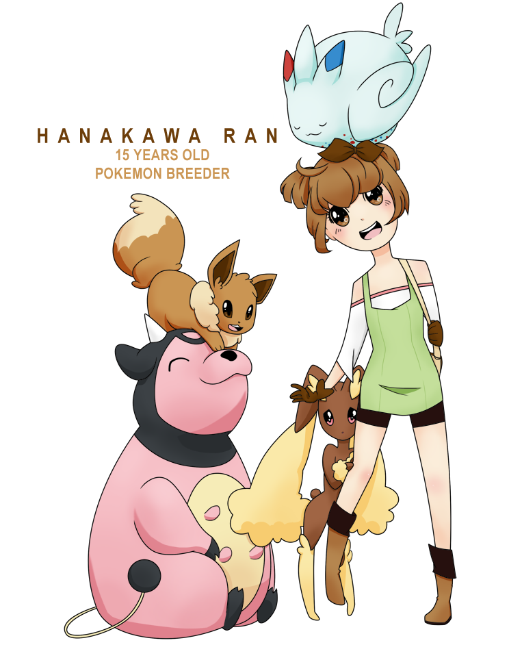 1girl :3 ^_^ ahoge animal_on_head bare_shoulders bike_shorts blush boots brown_eyes brown_hair character_name closed_eyes commentary eevee eeveelution_project gloves hair_ribbon hanakawa_ran leg_grab looking_at_viewer loony_bear lopunny miltank open_mouth original pigeon-toed pink_eyes pokemon pokemon_(creature) pokemon_breeder_(pokemon) ribbon short_hair short_twintails simple_background sitting smile standing togekiss twintails white_background