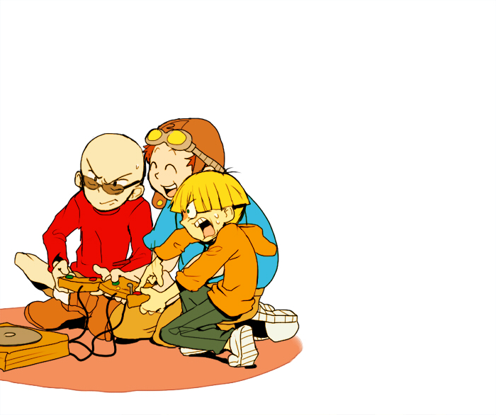 3boys bald blonde_hair boots bowl_cut brown_hair closed_eyes codename:_kids_next_door constricted_pupils controller crossed_legs game_controller goggles goggles_on_head green_eyes hat hogarth_pennywhistle_gilligan_jr. hoodie kneeling male motion_lines multiple_boys nigel_uno open_mouth playing_games shorts sitting smile sunglasses sweatdrop t_k_g wallabee_beetles
