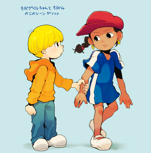 1boy 1girl abigail_lincoln arm_grab black_hair blonde_hair blue_background bowl_cut braid child clenched_hand codename:_kids_next_door dark_skin earrings eye_contact frown hat hoodie jewelry looking_at_another standing t_k_g translation_request wallabee_beetles