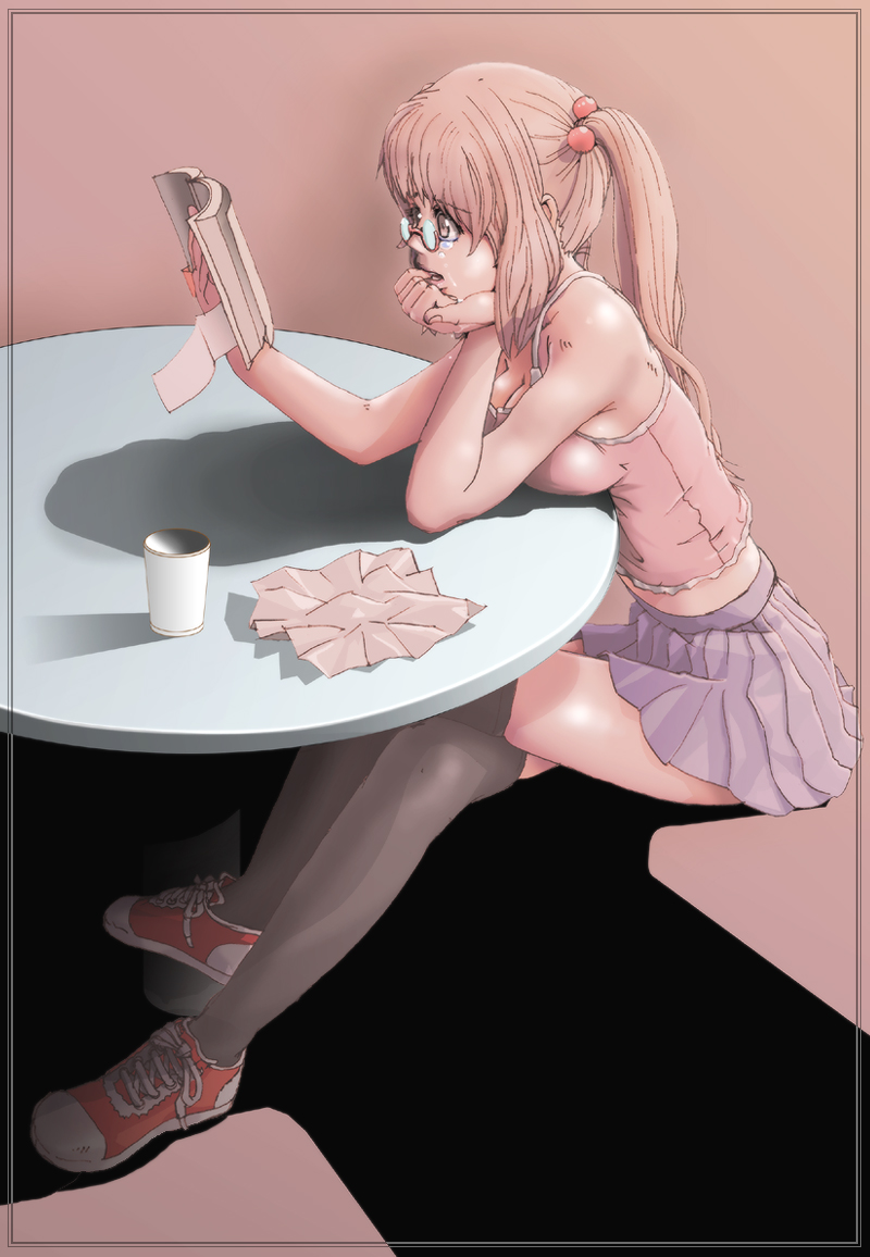 book breast_rest breasts cleavage crossed_legs cup glasses hair_bobbles hair_ornament legs lips long_hair original pink_eyes pink_hair reading sitting skirt solo sukabu table tank_top tears thigh-highs thighhighs twintails zettai_ryouiki