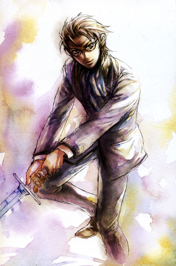 formal glasses koutoubu nanjou_kei persona persona_1 school_uniform sword traditional_media watercolor_(medium) weapon