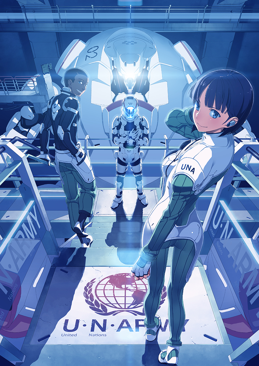 ass blue_eyes bodysuit fingerless_gloves gloves helmet highres looking_back mecha original smile standing tatsuwo united_nations