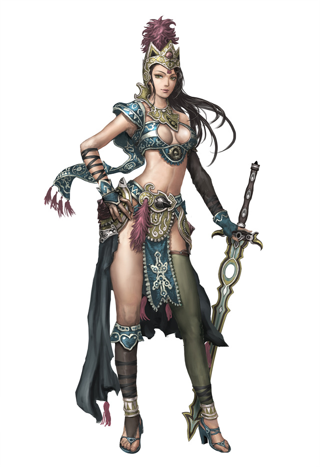 black_hair brown_eyes crown hand_on_hip high_heels long_hair neongun shoes sword weapon