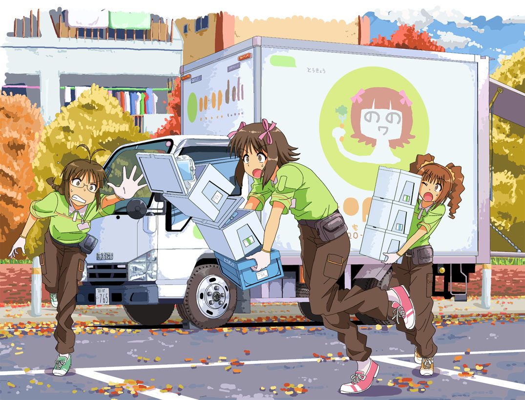 alternate_costume amami_haruka brown_hair clumsy delivery glasses gloves hair_ribbon idolmaster motor_vehicle moving nonowa refine ribbon shoes sneakers takatsuki_yayoi truck twintails vehicle