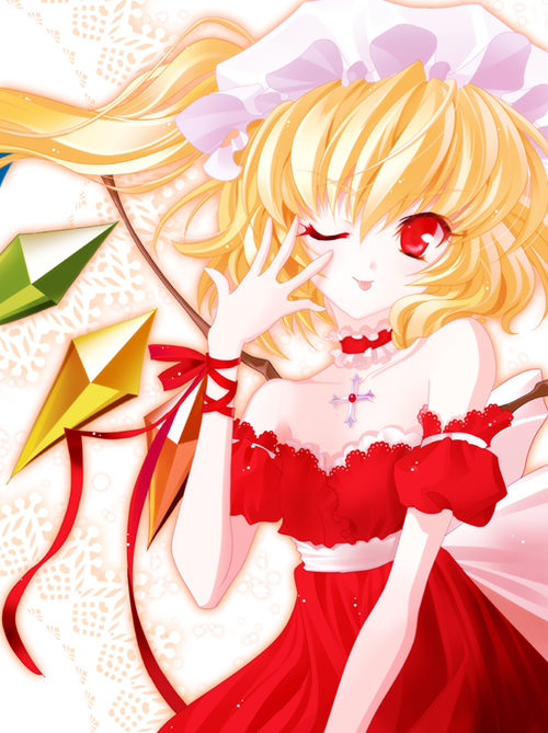 :p flandre_scarlet hat ponytail red_eyes s-yin short_hair side_ponytail tongue touhou wings