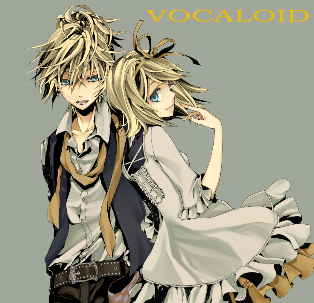 belt blonde_hair brother_and_sister dress duplicate frills hair_ribbon kagamine_len kagamine_rin macco ribbon scarf short_hair siblings simple_background smile twins vocaloid