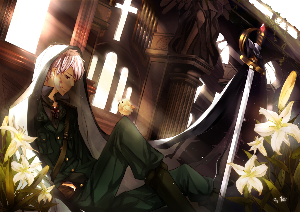 bird blood chick church cross flower male prussia_(hetalia) rapier short_hair silver_hair sword teen123 uniform weapon