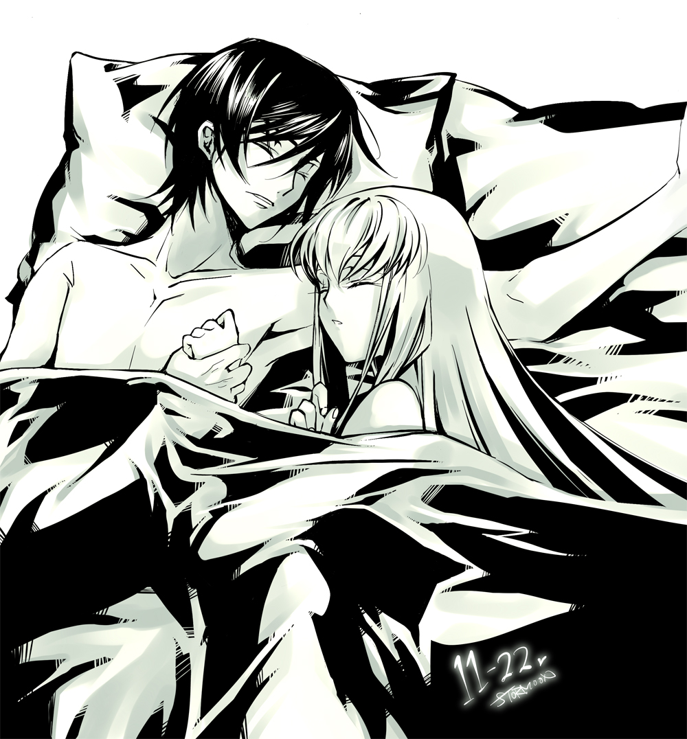 1girl afterglow armpits bed c.c. cc closed_eyes code_geass couple creayus holding_hands lelouch_lamperouge long_hair lying monochrome on_back on_side pillow short_hair sleeping yellow