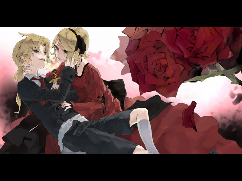 blonde_hair blood dagger dress flower formal hair_ribbon hairband kagamine_len kagamine_rin necktie petals ribbon rose short_hair shorts siblings smile suit twins victorian vocaloid weapon