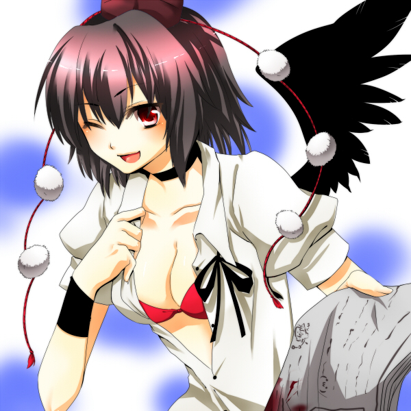 black_hair black_wings blood bra choker collarbone hat lingerie newspaper open_clothes open_shirt red_bra red_eyes shameimaru_aya shirt short_hair smile tokin_hat touhou underwear undressing wings wink yutazou