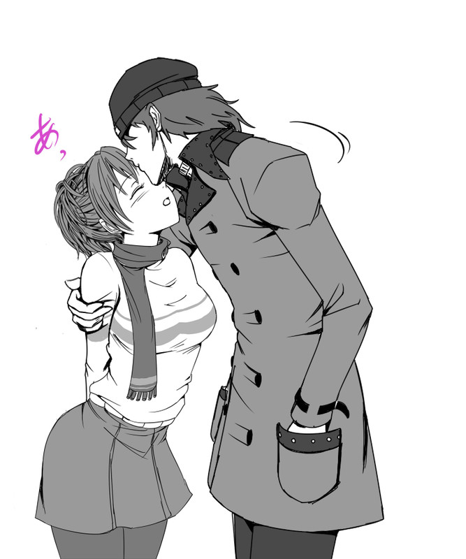 1girl aragaki_shinjirou arms_behind_back beanie blush closed_eyes couple female_protagonist_(persona_3) forehead_kiss hat kiss monochrome pantyhose persona persona_3 persona_3_portable scarf skirt suta_furachina trench_coat trenchcoat