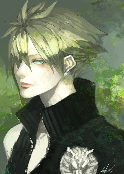 bad_id blonde_hair brooch cloud_strife earrings final_fantasy final_fantasy_vii final_fantasy_vii_advent_children green_eyes jewelry kunimura_hakushi lion lips male piercing ring solo vest