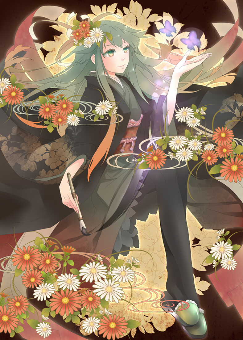 calligraphy_brush flower green_eyes green_hair hair_ornament japanese_clothes kimono long_hair original paintbrush pantyhose plastick slippers solo