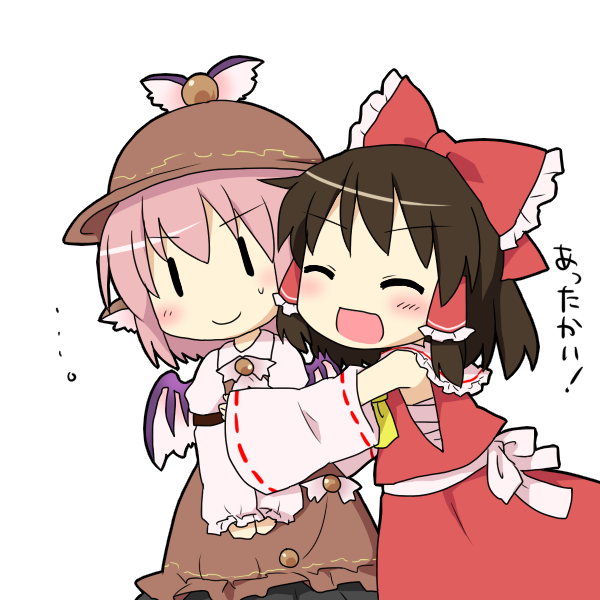 &gt;:) 2girls blush bow brown_hair chibi closed_eyes detached_sleeves hair_bow hakurei_reimu hat hug multiple_girls mystia_lorelei pink_hair sarashi smile sweatdrop touhou translated yamabuki_(yusuraume)