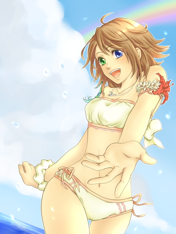 bare_shoulders bikini blue_eyes brown_hair clouds female final_fantasy final_fantasy_x green_eyes heterochromia jewelry necklace open_mouth rainbow ranis short_hair sky solo swimsuit tubetop water wristband yuna