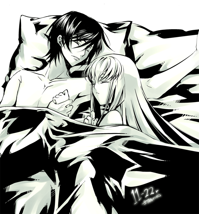 1girl afterglow armpits bed c.c. cc closed_eyes code_geass couple creayus dated holding_hands lelouch_lamperouge long_hair lying monochrome on_back on_side pillow short_hair sleeping yellow